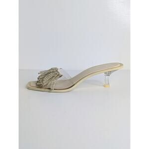 Cult Gaia Uma Sandal Heels 40 White Clear Vinyl Beaded Tassel Kitten Heel 9-9.5